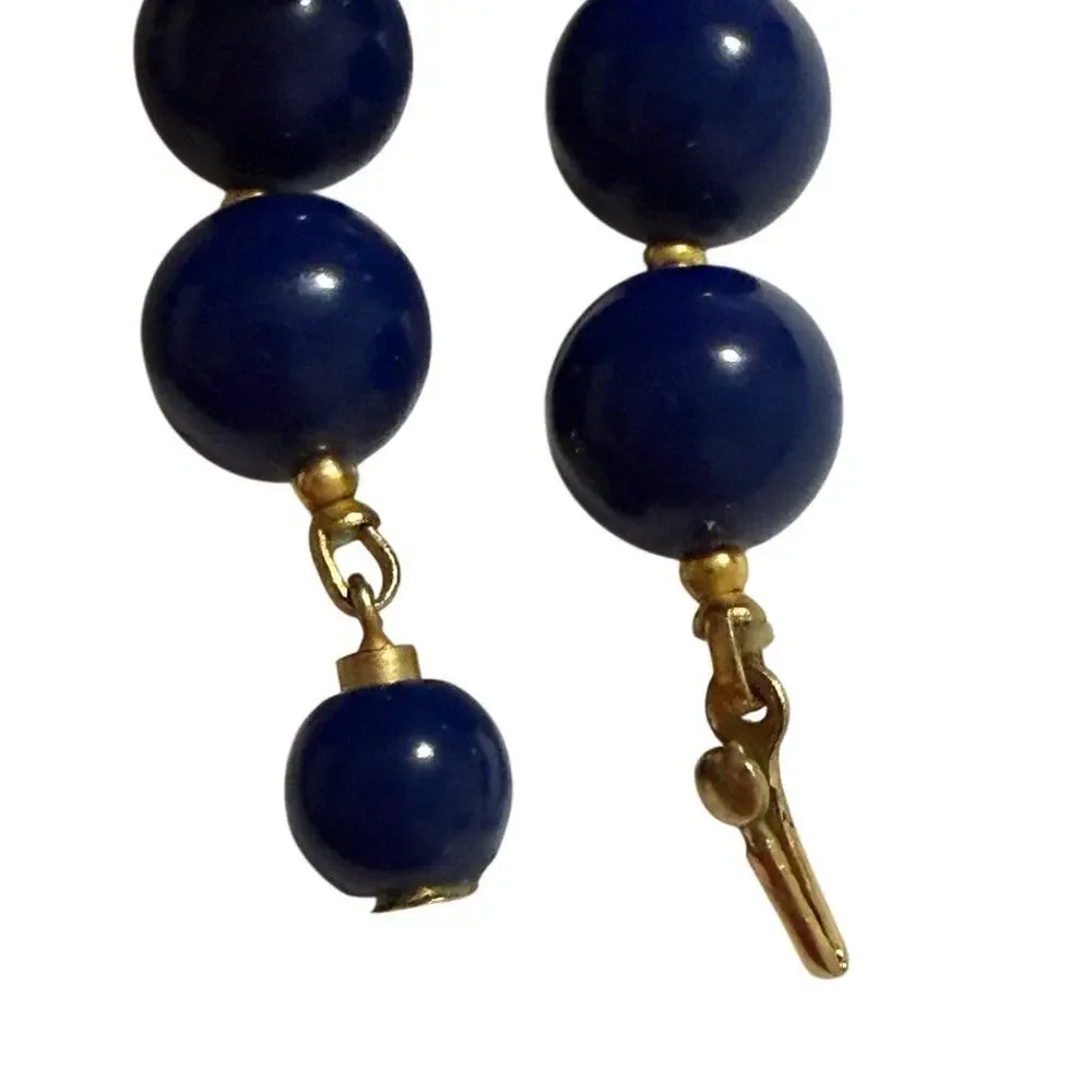 Vintage Navy Blue Beaded Necklace 28 Inch Strand Gold Tone Clasp Classic